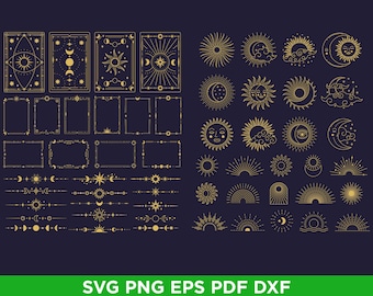 Magic celestial tarot frames, crescent dividers with Sun, stars and moon SVG bundle. DXF, png on transparent, pdf, eps witchy boho clipart