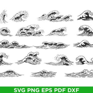 May include: A collection of black and white line art illustrations depicting various ocean waves in different shapes and sizes. The set includes crashing waves, rolling swells, and cresting water patterns, all rendered with detailed ink-style strokes.