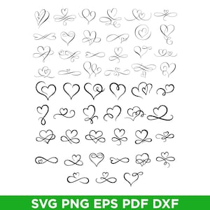 Op de afbeelding: Een verzameling zwarte hartontwerpen in verschillende stijlen, waaronder eenvoudige contouren, verweven vormen en decoratieve krullen. De afbeelding bevat de tekst "SVG PNG EPS PDF DXF" in het groen.
