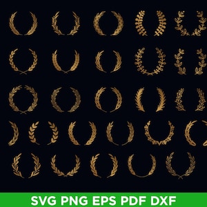 Pode incluir: Uma coleção de designs de coroas de louro douradas sobre um fundo preto. As coroas variam em estilo, de simples a ornamentadas, e são adequadas para vários projetos de design. A parte inferior da imagem exibe o texto "SVG PNG EPS PDF DXF".