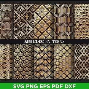 Könnte beinhalten: Eine Sammlung von Art Deco-Mustern in Gold und Schwarz. Die Muster umfassen geometrische Formen, Fächerdesigns und sich wiederholende Linien. Der Text "ART DECO PATTERNS" ist zu sehen. Am unteren Rand des Bildes steht "SVG PNG EPS PDF DXF".