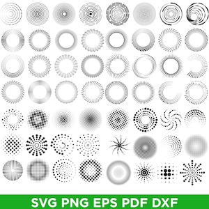 May include: A collection of black and white circular designs, including spirals, dotted patterns, and concentric circles. The designs vary in size and style, offering a range of visual textures and patterns. The image includes the text "SVG PNG EPS PDF DXF".