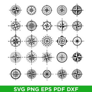 Kompas svg-bundel. Retro nautische windroos eps vector clipart, png op transparant, pdf- en DXF cricut lasercut-bestanden, Instant Download