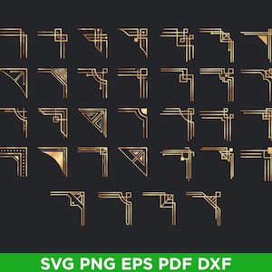 May include: A collection of thirty-two gold-coloured corner frame designs arranged in a grid. Each graphic features distinct geometric lines, angles, and square accents. The text SVG PNG EPS PDF DXF is displayed at the bottom of the image.