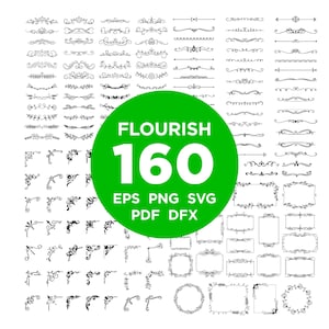 Könnte beinhalten: Eine Sammlung von 160 schwarzen Flourish-Designelementen, darunter Bordüren, Ecken und Rahmen. Die Designs reichen von einfachen Linien bis zu aufwendigen Wirbeln. Ein großer grüner Kreis zeigt das Wort "FLOURISH" und die Zahl "160".