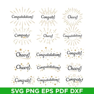 Op de afbeelding: Een verzameling feestelijke afbeeldingen met de tekst "Congratulations!", "Congrats!" en "Cheers!" in verschillende lettertypen en stijlen. Elk ontwerp bevat gouden sterren of sterren op een witte achtergrond.