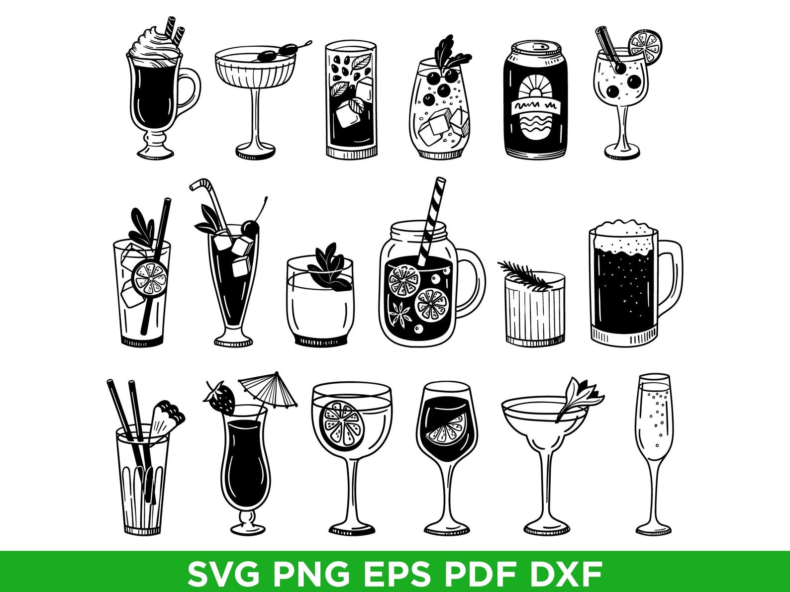Hand Drawn Cocktails SVG Bundle, Cocktail Vector Clipart, Drinks ...