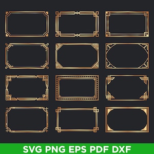 May include: A collection of nine gold-colored rectangular frames with various Art Deco designs on a dark background. The frames have intricate corner and edge details. The bottom of the image has the text "SVG PNG EPS PDF DXF".