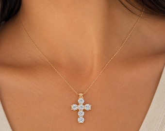 Halsband med korshänge i guld, korshalsband i moissanit, fina kristna smycken, religiös gåva för kvinnor, troshalsband