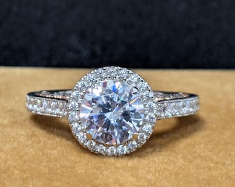 Moissanite Halo Engagement Ring, Art Deco Sterling Silver Proposal Solitaire Ring