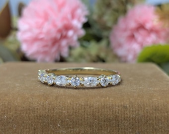 14k Solid Gold Marquise Wedding Band, 1 CT Unique Marquise Half Eternity Moissanite Vintage Matching Ring