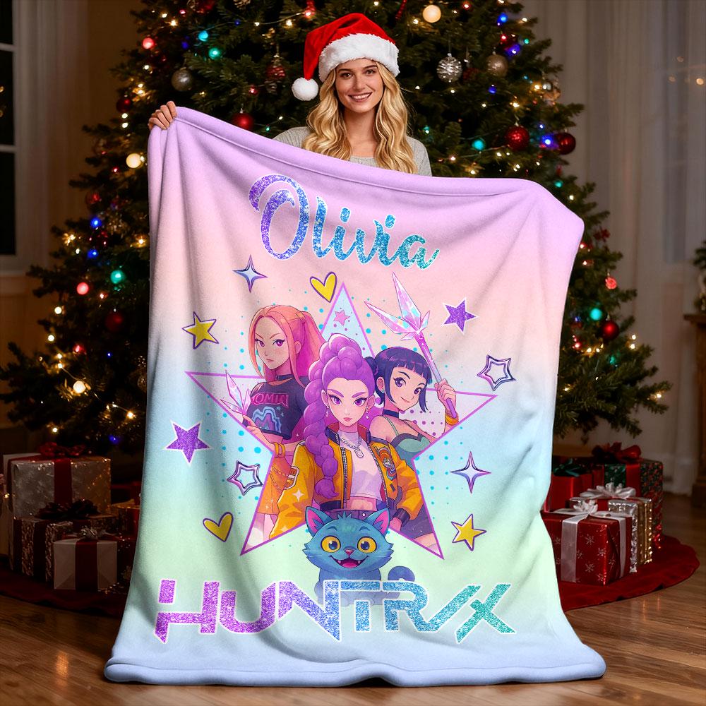 Discover Custom Huntrix Demon Hunters Colorful Blanket,Demon Hunters Graphic Throw Blanket,Personalized Fantasy Anime Film Bedding for Fan Gift