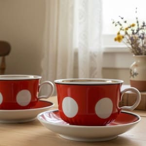 Vintage Polka Dot Teacups and Saucers: Red & White Porcelain Tea Set