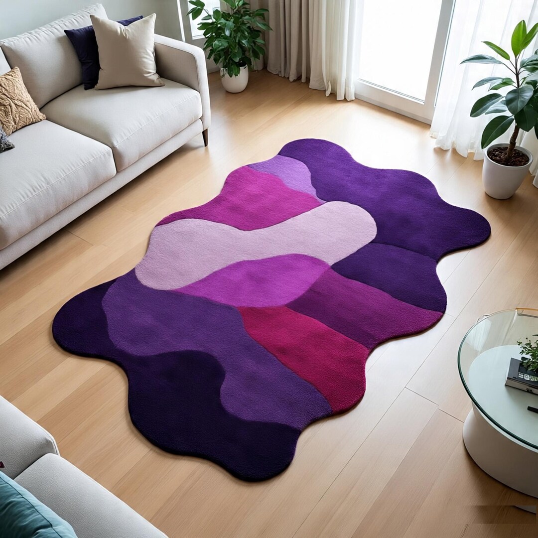 Purple Pink Magenta Abstract Wavy Hand Tufted Wool Rug Irregular ...