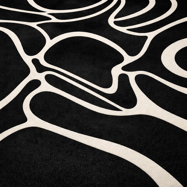 Topographic Abstract Background Modern Black Abstract Rug With White Curved Lines for Minimalist ...