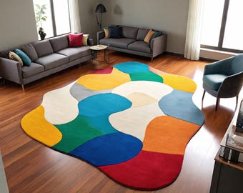 Jigsaw Pattern Abstract Rug, Organic Shaped Hand-Tufted, Large Multi-Color Statement Rug for Living Room