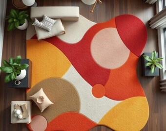 Abstract Wool Area Rug: Red Orange Yellow, Modern Art Decor