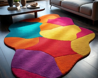 Felroze tapijt in amoebevorm | Gedurfd abstract onregelmatig ontwerptapijt | Maximalistisch cadeau voor woondecoratie