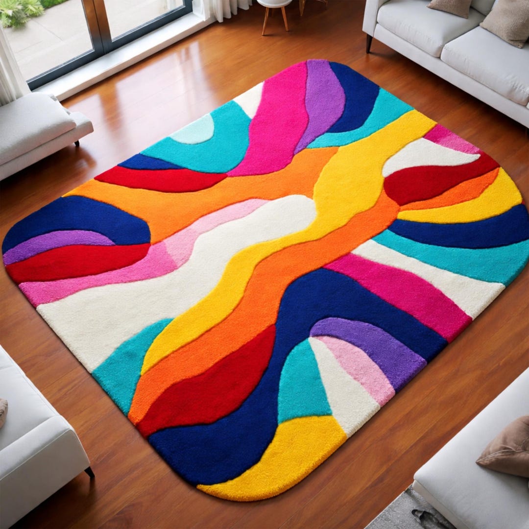 Vibrant Abstract Wave Rug – Large Artistic Area Rug With Organic Shapes ...