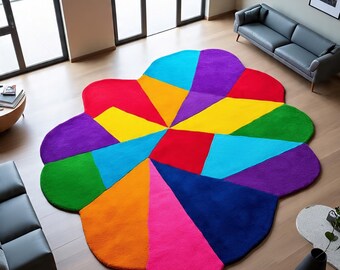 Oversized Geometric Flower Rug | Bright Multi-Color Abstract Floor Art | Modern Statement Area Rug