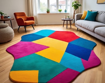 Hand-Tufted Wool Rug: Geometric Abstract, Colorful Irregular Shape