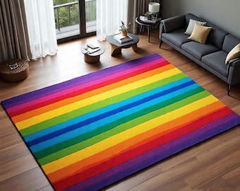 Bold Rainbow Striped Rug – Colorful Modern Area Rug for Living Room Decor