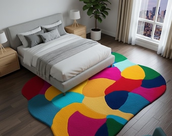Oversized Abstract Rug | Multi-Color Swirl Pattern Area Rug | Irregular Organic Shape Modern Floor Art