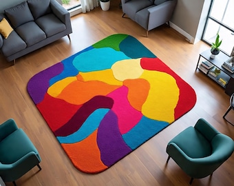Colorful Abstract Area Rug Handmade Modern Tufted Wool Carpet Irregular Shape Living Room Decor