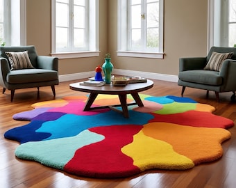 May include: A colorful, abstract area rug with a unique, irregular shape. The rug features vibrant blocks of color, including red, orange, yellow, green, blue, and purple. It is placed on a hardwood floor, with two armchairs and a coffee table in the background.