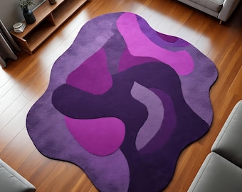 Hand-Tufted Purple Wool Rug: Abstract Wavy Design