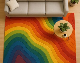 Rainbow Wave Wool Rug: Vibrant Hand-Tufted Abstract Rug