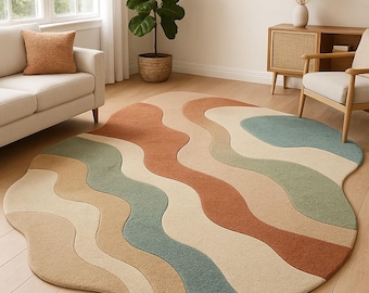 Modern Abstract Wavy Area Rug Boho Neutral Carpet Living Room Home Decor