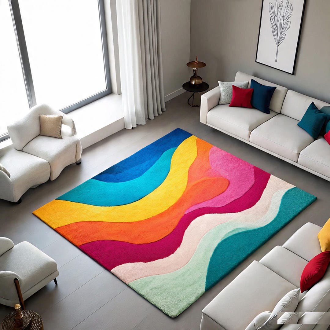 Colorful Abstract Wave Rug – Modern Artistic Area Carpet for Living ...