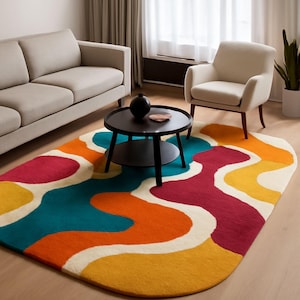 Hand Tufted Wool Rug: Modern Wavy Abstract Colorful Design