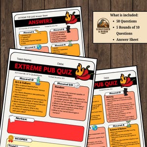 May include: A set of Extreme Pub Quiz answer sheets with a Kingfisher & Robin logo. The sheets include 50 questions, 5 rounds of 10 questions, and an answer sheet. The quiz sheets have a red chili pepper graphic.