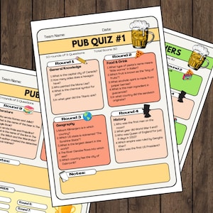 May include: A stack of printed pub quiz sheets with questions on general knowledge, food & drink, geography, and history. Each sheet has a beer graphic and a section for notes. The quiz is titled "PUB QUIZ #1".