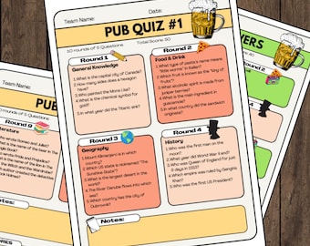 Afdrukbare pubquiz | 10 ronden, 50 vragen | Digitaal triviaspel met antwoordbladen