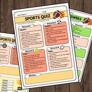 May include: A sports quiz sheet with questions about Olympics, football, tennis, and rugby. The sheet includes sections for answers and a total score. The quiz features illustrations of a football, a rugby ball, and a tennis ball.