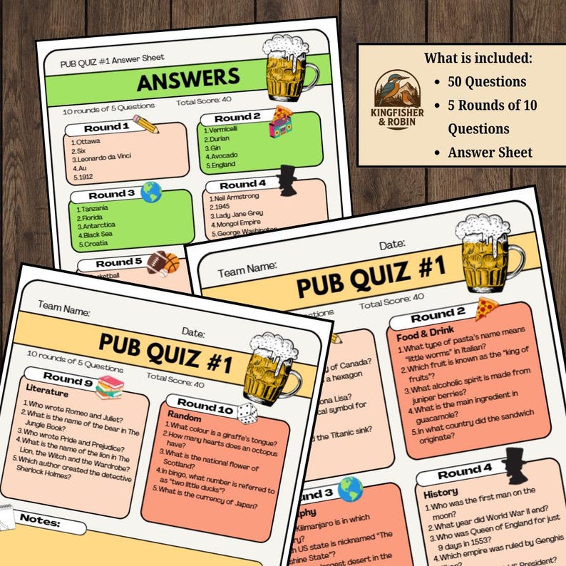 Printable Pub Quiz | 10 Rounds, 50 Questions | Digital Trivia Game With