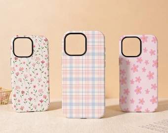 Plaid and Floral Tough Phone Cover for iPhone 17 Pro/ProMax 16 16e 15 14 13 Tough Case,Glossy/Matte iPhone Air SE XS XR Mini Magsafe Case