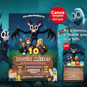 Puede incluir: Una plantilla de invitación digital para una fiesta de cumpleaños número 10, con personajes de dibujos animados y el texto "YOU ARE INVITED TO". Incluye una tarjeta de agradecimiento de bonificación. La invitación principal es de 12,7 x 17,78 cm.