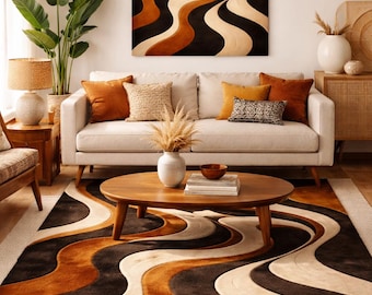 Abstract Wavy Rug Hand Tufted Wool Rug, Modern Brown Beige Area Rugs, Mid Century Living Room Rug, Boho Wave Carpet, Contemporary Floor Dec