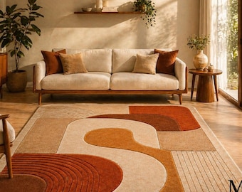 Hand Tufted Wool Modern Abstract Rug, Handmade Geometric Area Rug, Mid Century Living Room Carpet, Japandi Scandinavian Decor