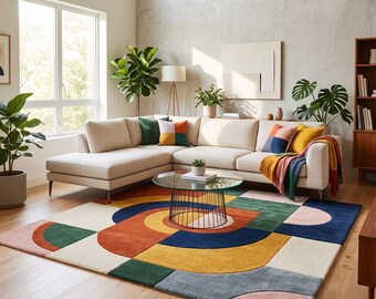 Hand Tufted Wool Geometric Area Rug, Colorful Modern Abstract Rug, Mustard Navy Blue Green Terracotta Living Room Carpet