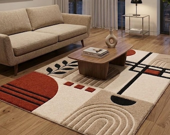 Hand Tufted Wool Area Rug, Modern Abstract Geometric Rug, Cream Rust Black Rug, Mid Century Living Room Rug, Contemporary Home Decor 8x10