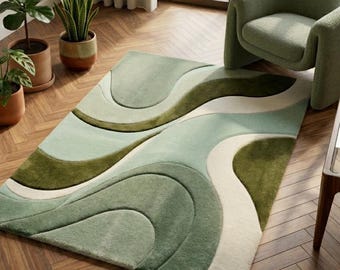 Modern Abstract Green Area Rug, Sage Green Living Room Rug, Contemporary Wavy Carpet, Minimalist Floor Rug, Soft Bedroom Rug, Home Decor