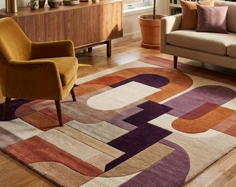 Handmade Tufted Wool Rug, Abstract Geometric Area Rug, Mid Century Modern Rug, Contemporary Living Room Carpet, Artistic Wool Floor Rug 8x10