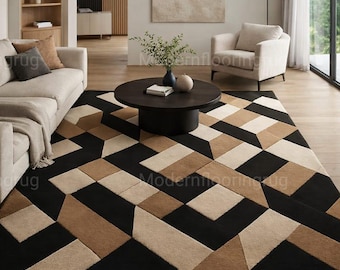 Hand Tufted Wool Area Rug | Modern Geometric Black Beige | Handmade Minimalist Large Carpet | Living Room Decor | Neutral Contemporary Rug