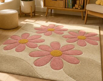 Hand Tufted Wool Floral Rug, Handmade Pink Daisy Area Rug, Boho Nursery Rug, Kids Room Carpet, Scandinavian Home Decor 8x10 Custom Size Rug