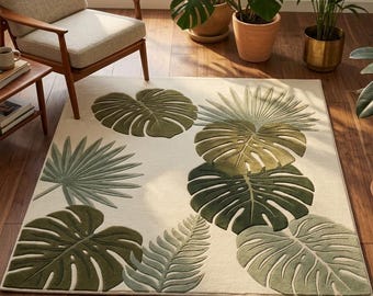 Green Botanical Area Rug, Tropical Monstera Leaf Rug, Hand Tufted Wool Rug, Modern Boho Rug, Neutral Living Room Carpet